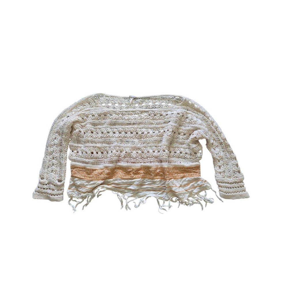 Free People Fringed Crochet Knit Sweater Top XS Cream Boho Festival Layering - Picture 5 of 14